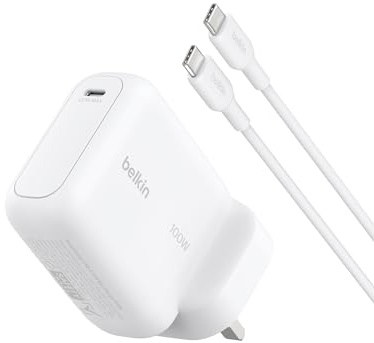 Belkin BoostCharge USB C Plug Charger, 100W GaN Fast Charging for iPhone 17, Samsung Galaxy S26, Pixel 10, AirPods, Tablet, MacBook - 1.5 m USB C Cable Included - Travel Essentials - White