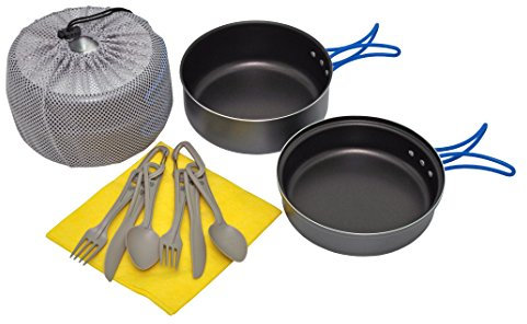 Leichtes, 2-teiliges, komplettes Campinggeschirr-Set - NonStick ALU mit Bestecke, Tuch und Netzpacksäckchen