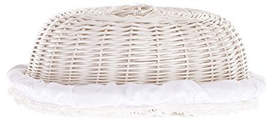 e-wicker24 Brotkasten, Brotkorb aus Weide, runder Brotkorb in Weiß, Brotkorb mit Deckel, mit einem Stoff besetzt, dekorative Schleife