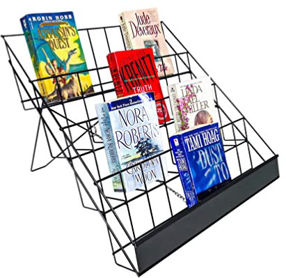 FixtureDisplays® 119362 Bücherregal mit 4 Ebenen, CD-Display, 45,7 cm Drahtgestell für Tischnutzung, 6,3 cm offene Regale, mit Header – Schwarz