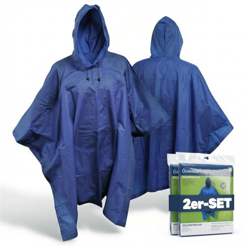Gravidus Unisex Regenponcho 2er Set wasserdicht leicht universal mit Kapuze ideal für Camping Festival Wandern blau