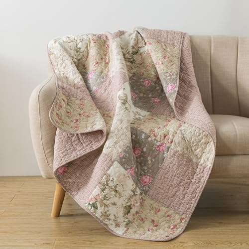 SLPR Secret Garden Baumwoll-Patchwork-Überwurf, gesteppt, 127 x 152,4 cm, Blumenmuster, Bauernhof-Lap Quilt für Couch und Bett