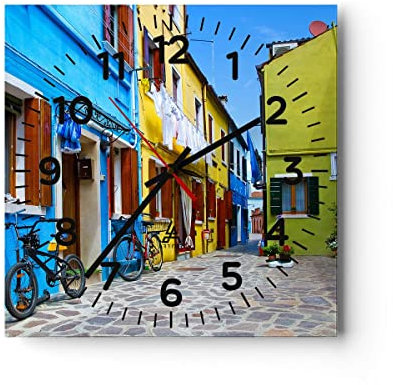 Modern Wanduhr Sonne Tag Fahrrad Straße 30x30cm Quadrat Klein Wand Uhr Glas Analog Zimmeruhren Küche Büro Wohnzimmer Glasuhr Wall Clock Dekoration Design Wanddekoration Küchenuhr C4AC30x30-2614