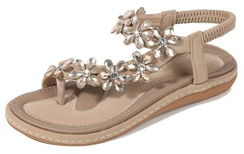 Amissz Sandali Donna Sandalo Estive Eleganti Scarpe Bassi Eleganti Strass Decorato Comodi Piatto Infradito da Mare Stile 2 Albicocca 39 EU