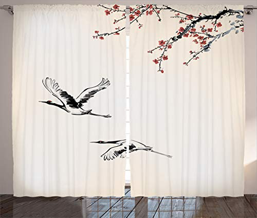 ABAKUHAUS japanisch Rustikaler Vorhang, Kirschbaum im Frühling, Wohnzimmer Universalband Gardinen mit Schlaufen und Haken, 280 x 225 cm, Ecru Grau