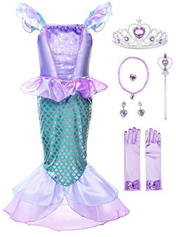 JerrisApparel Mädchen Prinzessin Meerjungfrau Kostüm Halloween Party Kleid (Lila mit Zubehör, 110)