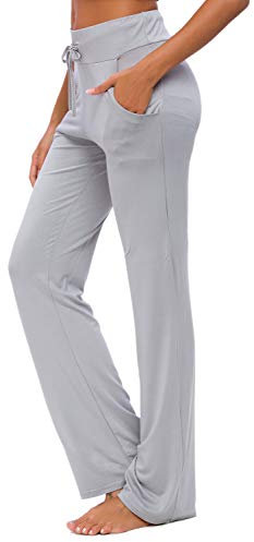 OURCAN Pantalon de Yoga pour Femmes avec Poches, Jambe Large, Cordon de Serrage lâche, Salon Droit, Course à Pied, Pantalon Modal, Pantalons de survêtement décontractés Actifs (Gris Clair, L)