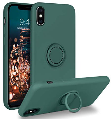 iPhone XS Hülle Silikon Case Mit Ring Halter Handschnur, BENTOBEN iPhone X Handyhülle 360° Ringhalter Kickstand Slim kratzfest Flüssigsilikon Gummi Hülle für iPhone X/XS 5.8'' Mitternachtsgrün