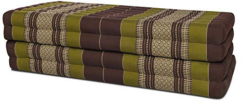 Thai Matte Liege Klappmatratze mit Blütenmuster 200cm x 105cm vierlagig für Thaimassage Yoga oder als Entspannungsmatte Schlaf-Matte - gefüllt mit Kapok (Grün-Braun)