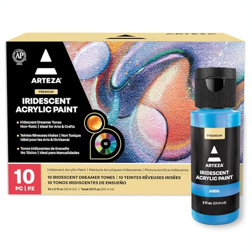 ARTEZA Peinture acrylique iridescente set de 10 couleurs [60 ml/bouteille] aux tons rêveurs, peinture acrylique épaisse, fournitures d'art professionnelles pour la peinture acrylique