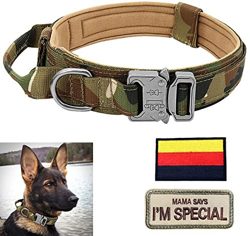 Hundehalsband Verstellbar mit Kontrollgriff, Taktisch Halsband Nylon, Hunde Halsband Gepolstert, Metallschnalle, für Mittlere Große Hunde Jagd Training Outdoor, Grün L Breit