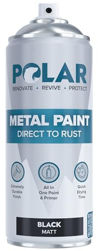 Polar Direct to Rust Matt Black Metal Spray Paint - 400ml - Perfect for Metal, Wood, Furniture, Rust - Outdoor & Indoor Surfaces - Easy to Apply - 3 in 1 Primer, Undercoat & Topcoat