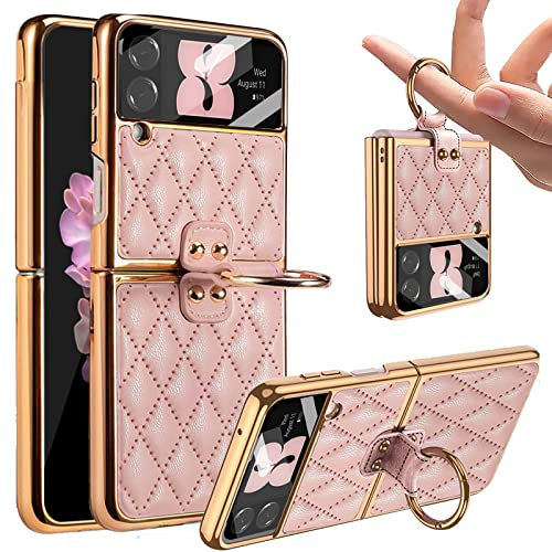 Miimall Custodia in pelle per Samsung Galaxy Z Flip 4 con anello, antiurto, in pelle PU con protezione per fotocamera in vetro, copertura completa antiscivolo per Z Flip 4, rosa
