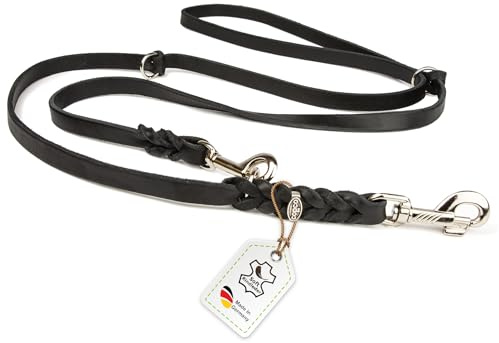 Hundeleine Leder 3,50m kleine Hunde leicht Fettlederleine [3-Fach Verstellbar] Lederleine geflochten – robuste Leine Hund mit Chrombeschlägen, Führleine Hund & Freihandleine, Schwarz 10mm