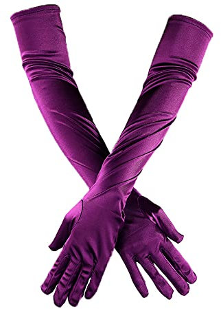 Guanti da donna classici lunghi, elastici, eleganti guanti da sera in stile anni 20, in raso, gotico, per feste, matrimoni, matrimoni e feste di carnevale, colore: viola scuro