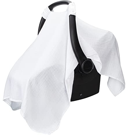 Comfy Cubs Muslin Cotton Baby Car Seat Cover - Soft, Breathable and Lightweight Infant Car Seat Cover - Designed in The US, Canopy for Sun Protection - Large Baby Travel Essentials - White
