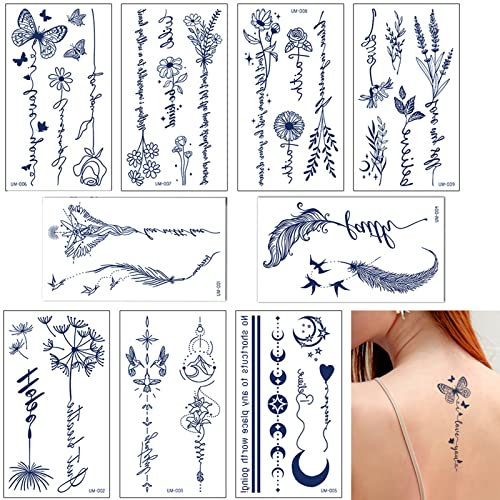 Qpout 9Feuilles Tatouages semi-permanents pour femmes filles Tatouages temporaires réalistes Art corporel Tatouage Autocollants Bleu foncé imperméable faux tatouages longue durée de 2 semaines