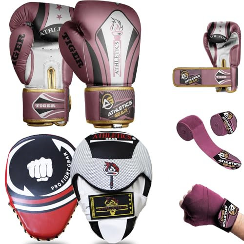 Ensemble d'équipements athlétiques – Une paire de gants de boxe, coussinets de boxe et bandages pour les mains (rose, 414 g)