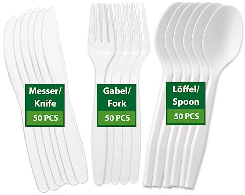 BIODORF Umweltfreundliche Mehrweg Besteck|150 Stück (je 50 Kompostierbare Gabel, Messer, Löffel)|Plastikfrei|Biologisch abbaubar Besteck