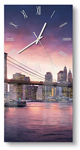 DEQORI Glasuhr | horizontal 30x60 cm | Motiv Brooklyn Bridge Abendröte | große XXL Design Uhr aus Glas | leise Wanduhr für Wohnzimmer & Küche | Moderne Hingucker Uhr für die Wand