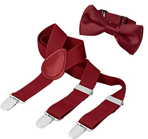BomGuard 3 Clips Baby Kind Hosenträger + Fliege Set, 1-3 Jahre,bordeaux-rot