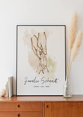 Manschin-Laserdesign Poster Familie Hände personalisiert mit Namen in A4 A3 A2 als Geschenk für Mama zur Geburt Muttertag Familienbild (2 Kinder)