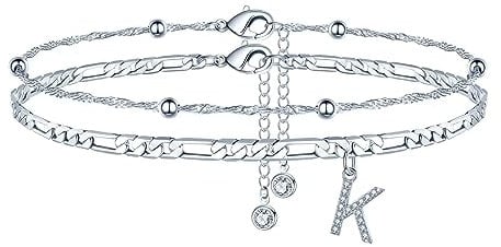 TINGN Fussketten für frauen, Silber Fußkettchen für Damen Fusskettchen mit CZ Buchstaben K Doppelte Fußketten stabil Fussketten für Frauen Geschenk Schmuck Sommer Stand Geschenke für Freund