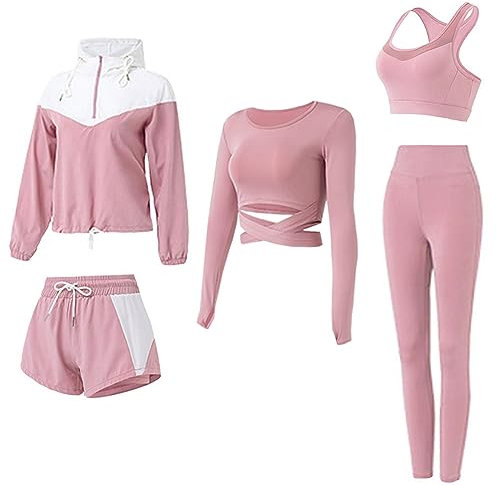 BOTRE Damen Sport Set 5er-Set Traingsanzug Sportanzüge Jogginganzug Gym Fitness Yoga Kleidung Laufbekleidung Sportswear Yoga Outfit Damen BH Leggings Set(Weiß Rosa, Large)