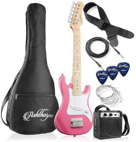 Ashthorpe Kit de guitarra eléctrica para principiantes de 30 pulgadas para niños con amplificador (rosa), paquete básico de inicio con bolsa de concierto, cuerdas, correa, púas