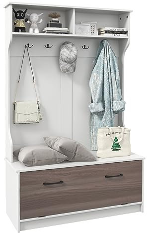 GOPLUS Garderobenständer mit Sitzfläche, Kleiderständer mit Ablage, 5 Haken, Garderobenschrank, Flurgarderobe Kompaktgarderobe für Eingang, Schlafzimmer, 100 x 40 x 160cm (Weiß)