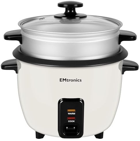 EMtronics EMRCDSCR1 Rice Cooker 1 Litre with Automatic Cooking, Steamer Tray and Warmer Function with Removable Non-Stick Bowl, Measuring Cup and Spatula 400W - Cream