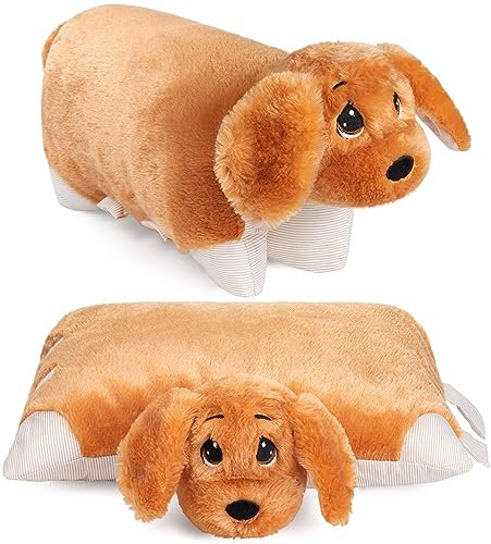 BRUBAKER Kuscheltier-Kissen Hund - 2 in 1 Plüschtier und Kuschelkissen - 40 x 30 cm Kuschelhund - aufklappbares Kinder Plüschkissen mit Klettverschluss - Tierkissen Hundekissen Stofftier - Braun