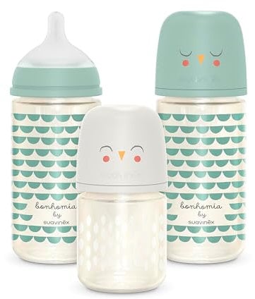 Suavinex, Pack Biberons en Verre, Anti-colique, avec Tétine Symétrique SX Pro en Silicone, 1 Biberon 120 ml à Débit Lent (S) + 2 Biberons 240 ml à Débit Moyen (M), +0 Mois, Bonhomia Vert