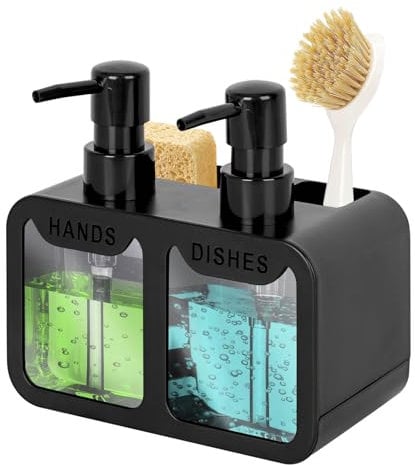 Kitchen Soap Dispenser,Hand and Dish Soap Dispenser and Spong Caddy with Brush Holder,3 in 1 Countertop Organizer for Kitchen Sink(Black)