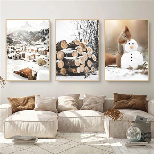 Herfair Wandbilder Winter 3er Poster Set, Moderne Bilder Set, Schneelandschaft Ohne Rahmen Kunstdrucke Wandposter Wanddeko Wohnzimmer Schlafzimmer (Winter Poster,40x50cm)