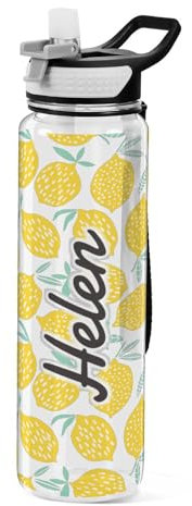 Mnsruu Personalised Seamless Summer Design Lemon Pattern Water Bottle 1L with Straw, Customised Names Leakproof BPA Free Tritan Drink Bottle, Sport Water Bottle