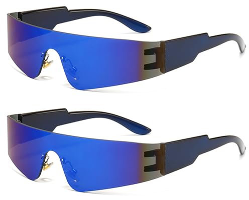 Pasdrucn 2 Stück Futuristische Sonnenbrille, Rave Brille, Schnelle Brille Rave, Sonnenbrille Alien Brille Rahmenlos, Schnelle Brille Futuristische, Space Sonnenbrille Fun Glasses (Blau)