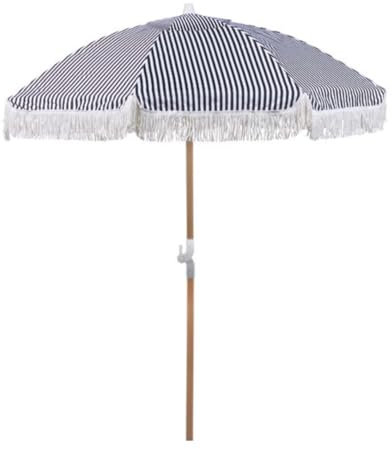 newgarden - Sombrilla de Tela y Flecos para Exterior, Playa, Jardin Ø 220 cm Plegable. Estructura de Acero Inoxidable Altura Ajustable para la Terraza y el Balcón (Azul Marino)