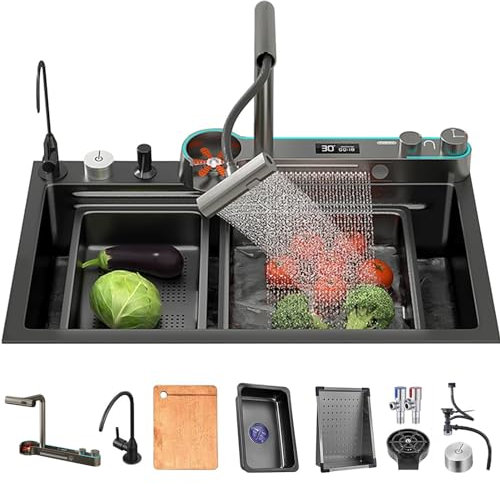 Lavello da cucina Lavello da cucina a cascata in acciaio inossidabile nero Lavello con display digitale multifunzionale con nuovo rubinetto a doppia modalità e accessori multipli (80x45x22CM)