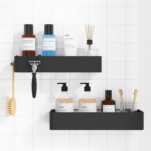 Kitsure Duschablage ohne Bohren 2 Stück rostfreie Badezimmer Organizer, schnell trocknende Badregal ohne Bohren mit großer Kapazität, langlebige Shampoo Halterung für Dusche aus Edelstahl, Schwarz