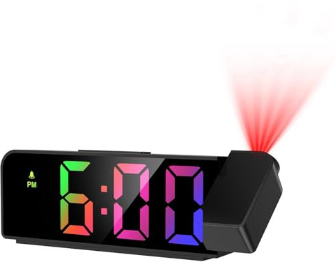 Brifit Reveil Projecteur Plafond, Réveil Projection Projecteur 180°, Horloge Digitale, Réveil Numérique LED 7.9, 4 Luminosités Réglable, Snooze, Mode Nuit, Température, Maison, Chiffres Colorés