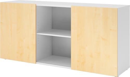 bümö Schwebetürenschrank, Sideboard Weiß/Ahorn - Büromöbel Sideboard Holz 160cm breit, 42cm schmal, Büro Schrank mit Schwebetür für Flur oder als Wohnzimmer-Kommode