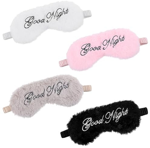 Dimeho 4 Stück Schlafaugenmaske aus Plüsch, Weich Flauschig Schlafmaske Verstellbare Augenmaske Bequem Pelzig Augenbinde mit Gummiband für Unterwegs Übernachtung Nickerchen Mädchen Frauen
