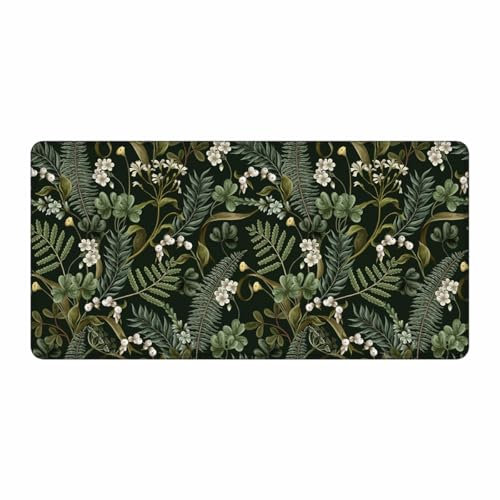 Extended Large Gaming Desk Mat, Green Fern and Leaves Floral Non-Slip Rubber XXL Mouse Pad, Table Accessories for Office Decor Laptop Computer Keyboard Mouse Mat Mousepad, 89.9x40.9 cm