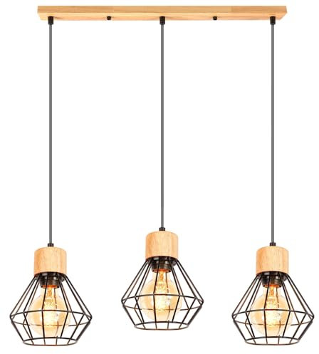 3 Flammige Pendelleuchte Vintage Industrie Hängelampe Schwarz Design E27 Lampe aus Holz und Metall mit Geometrischem Käfig Hängeleuchte Retro Deckenleuchte für Wohnzimmer Esstisch Küche