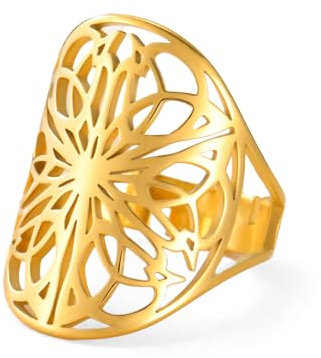 kkjoy Bague Fleur de Vie Réglable en Acier Inoxydable Anneau de Fleurs Elaboré Bague de Promesse Bijoux pour Femmes Charmantes (Or)