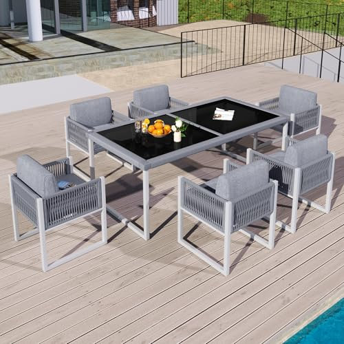Huayz Seil Essgruppe für 6 Personen Gartenmöbel Set Garten Lounge Möbel, Esstisch und Stuhlset, 6 Sessel mit Kissen, Glastischplatte, Outdoor Gartenlounge Balkonmöbel Patio Terrassemöbel, Grau