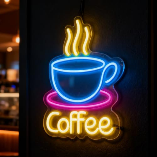 Letrero luminoso LED para taza de café grande, Coffee Neon Sign con interruptor regulable y cadena colgante, cartel de neón de café, funciona con USB, 43 x 33 x 2 cm para cafetería bar cub