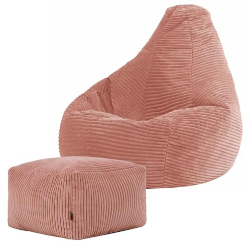 icon Dalton Kids Cord Bean Bag & Footstool with Filling Included, Pink | Made in the UK, Kids Beanbag, Soft Corduroy Fabric, Floor Chair for Playroom or Bedroom