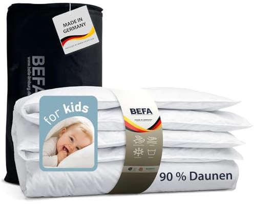 BEFA NATUR Kinderbett Set leicht Decke 100x135cm + Kissen 40x60cm | 90% Entendaunen & 10% Federn | 250g+70g Füllgewicht | Allergiker geeignet (NOMITE) | DOWNPASS | Oeko-TEX Klasse 1 | Made in Germany